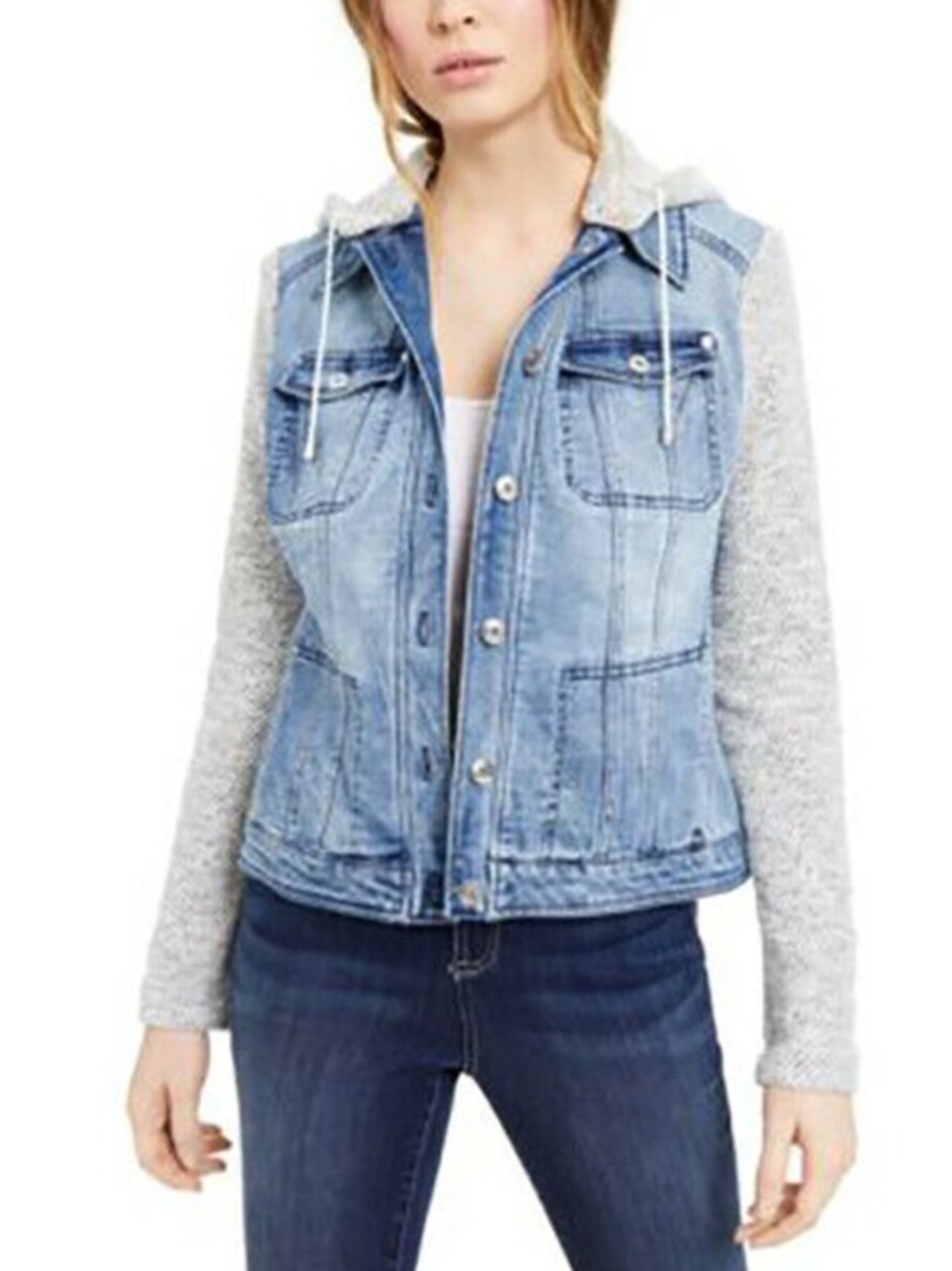 INC International Concepts Light Blue Denim Jacket with Gray Knit Hoodie Sleeves